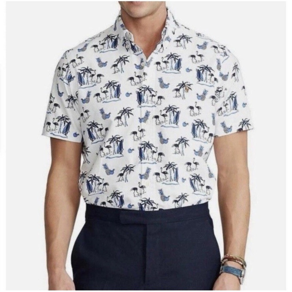 Ralph Lauren‎ Button Shirt White Flamingo Hawaiian / Mens Large